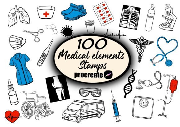 100 Procreate Medical Elements: Elevate Your Medical Artwork with Professional Stamps