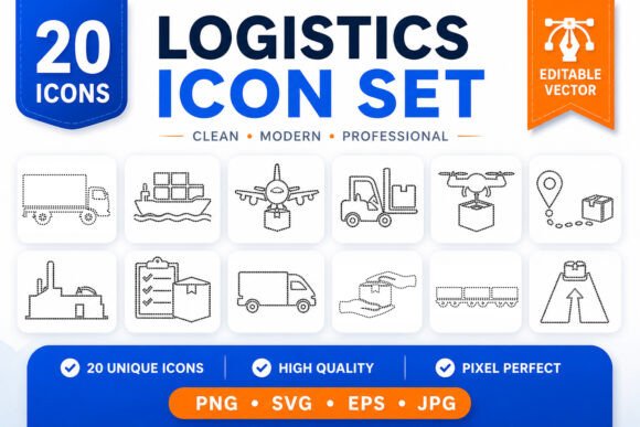 Logistics Icon Set 20 Clean Vectors Svg: Elevate Your Design Projects with Precision and Versatility